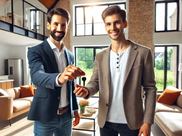 DALL·E 2024-07-10 15.37.27 - A real estate agent handing over keys to a new apartment owner. The agent and the new owner are standing in a modern apartment's living room, with the